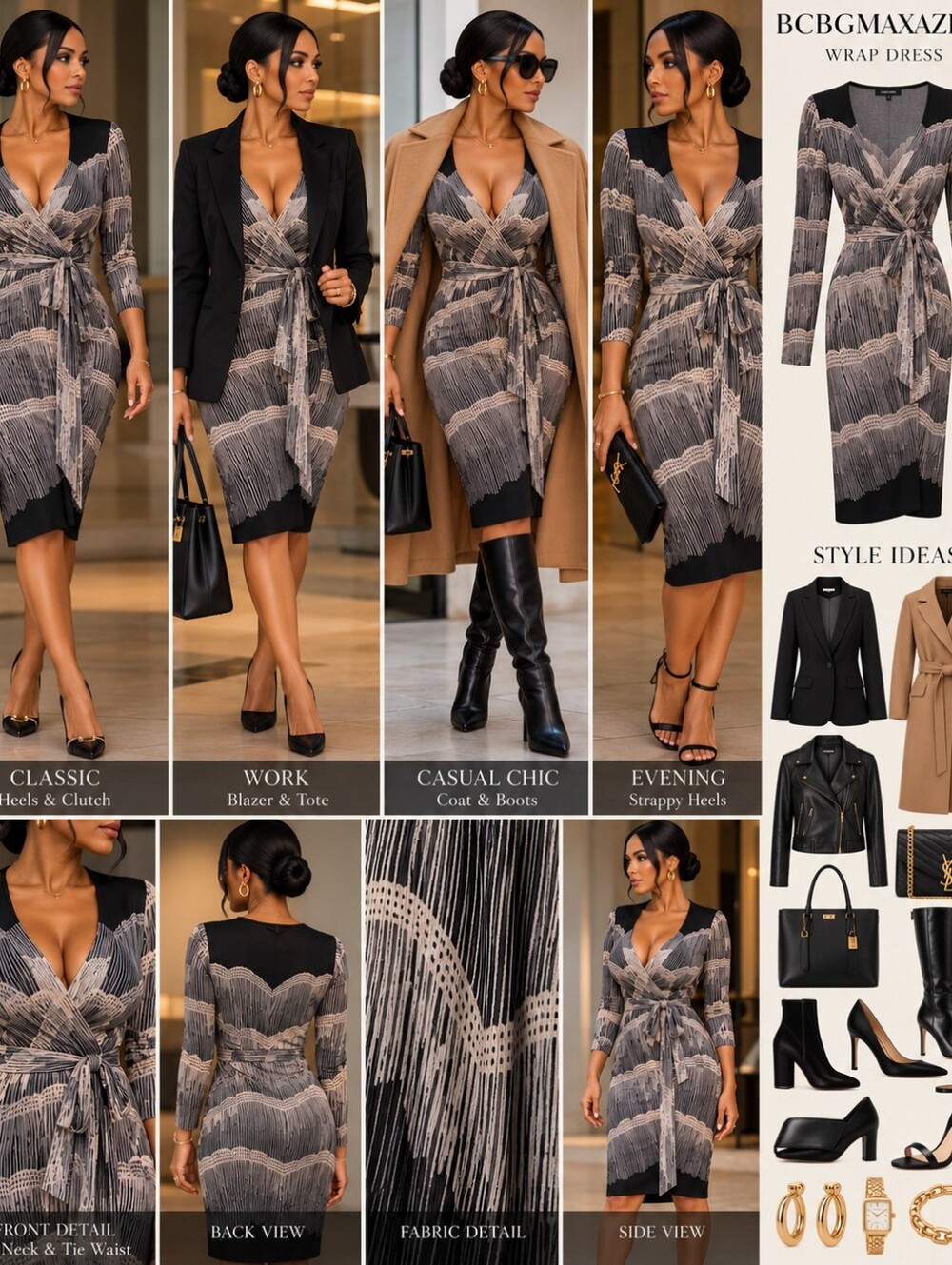 BCBGMaxAzria Black & Taupe Patterned Wrap Dress